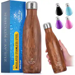 Zulay Kitchen - 34oz Stainless Steel Water Bottle - Double Wall Insulated Metal Water Bottle For Hot & Cold Drinks - Wood Grain