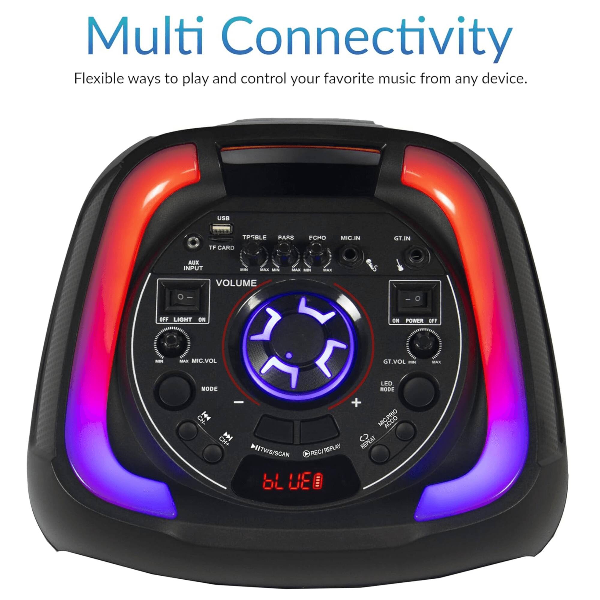 Multi Connectivity  
Flexible ways to play and control your favorite music from any device.

- USB
- TF CARD
- AUX INPUT
- ECHO
- MIC.IN
- GT.IN
- POWER (ON/OFF)
- VOLUME (MIN/MAX)
- MIC.VOL (MIN/MAX)
- GT.VOL (MIN/MAX)
- LED MODE
- ACCO
- REG/REPLAY
- REPEAT
- ITWS/SCAN
- REG
- BL UE