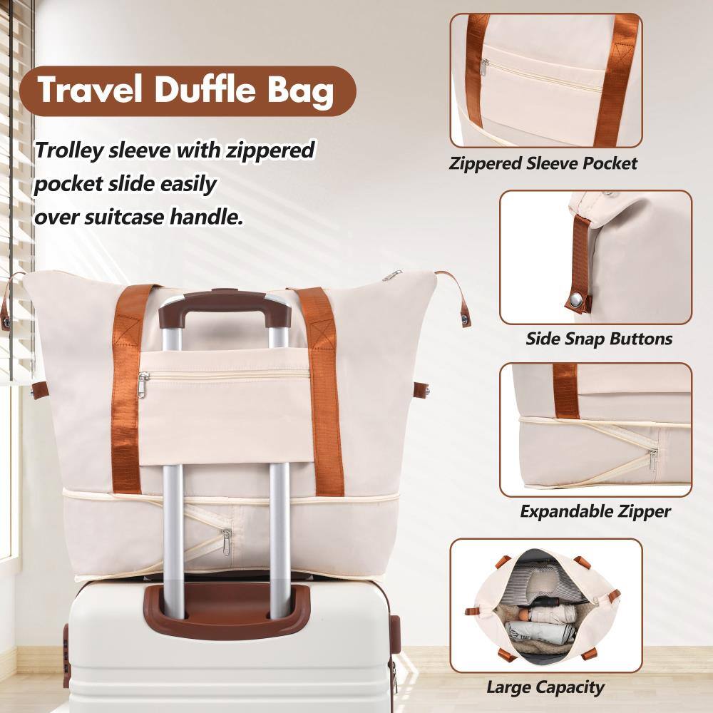 Travel Duffle Bag

- Trolley sleeve with zippered pocket slide easily over suitcase handle.
- Zippered Sleeve Pocket
- Side Snap Buttons
- Expandable Zipper
- Large Capacity