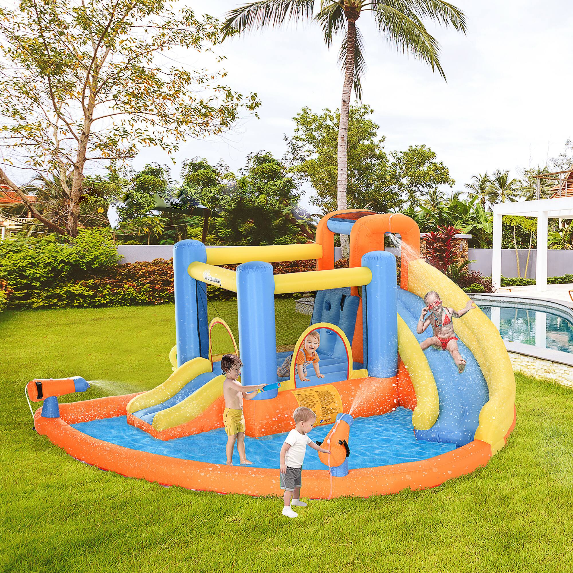 Angle. Loheer - Loheer Inflatable Water Slide 5-in-1 Bounce House with Pool, Climbing Wall, Cannons & 450W Blower.