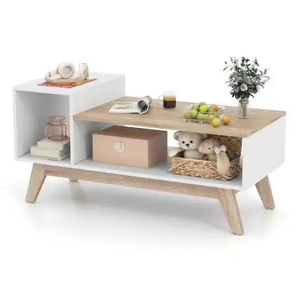 Front. Gymax - Gymax Coffee Table 43'' Center Table w/ Stepped Tabletop & Storage Compartments - White.