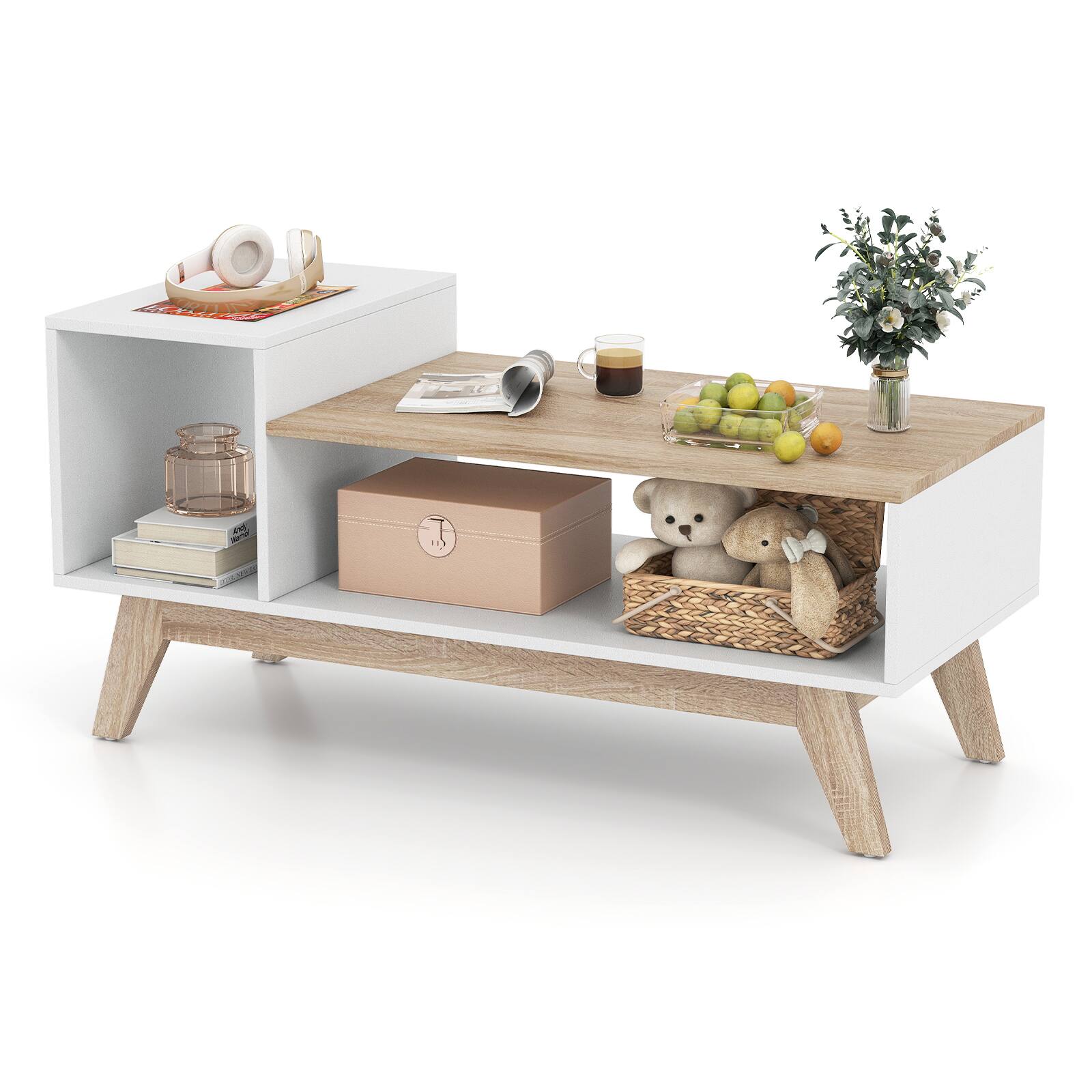 Front. Gymax - Gymax Coffee Table 43'' Center Table w/ Stepped Tabletop & Storage Compartments - White.