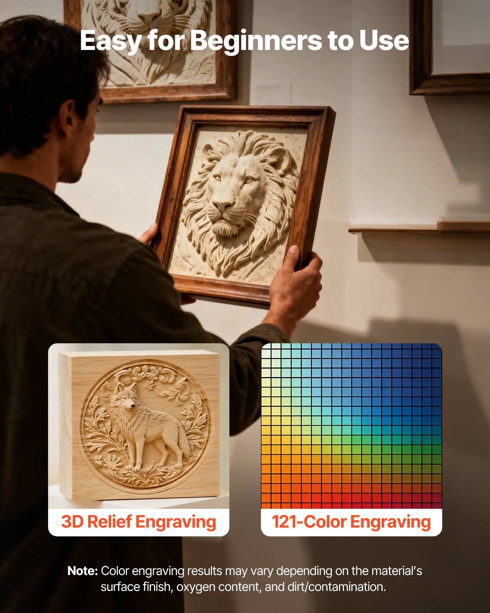 Easy for Beginners to Use

3D Relief Engraving

121-Color Engraving

Note: Color engraving results may vary depending on the material's surface finish, oxygen content, and dirt/contamination.