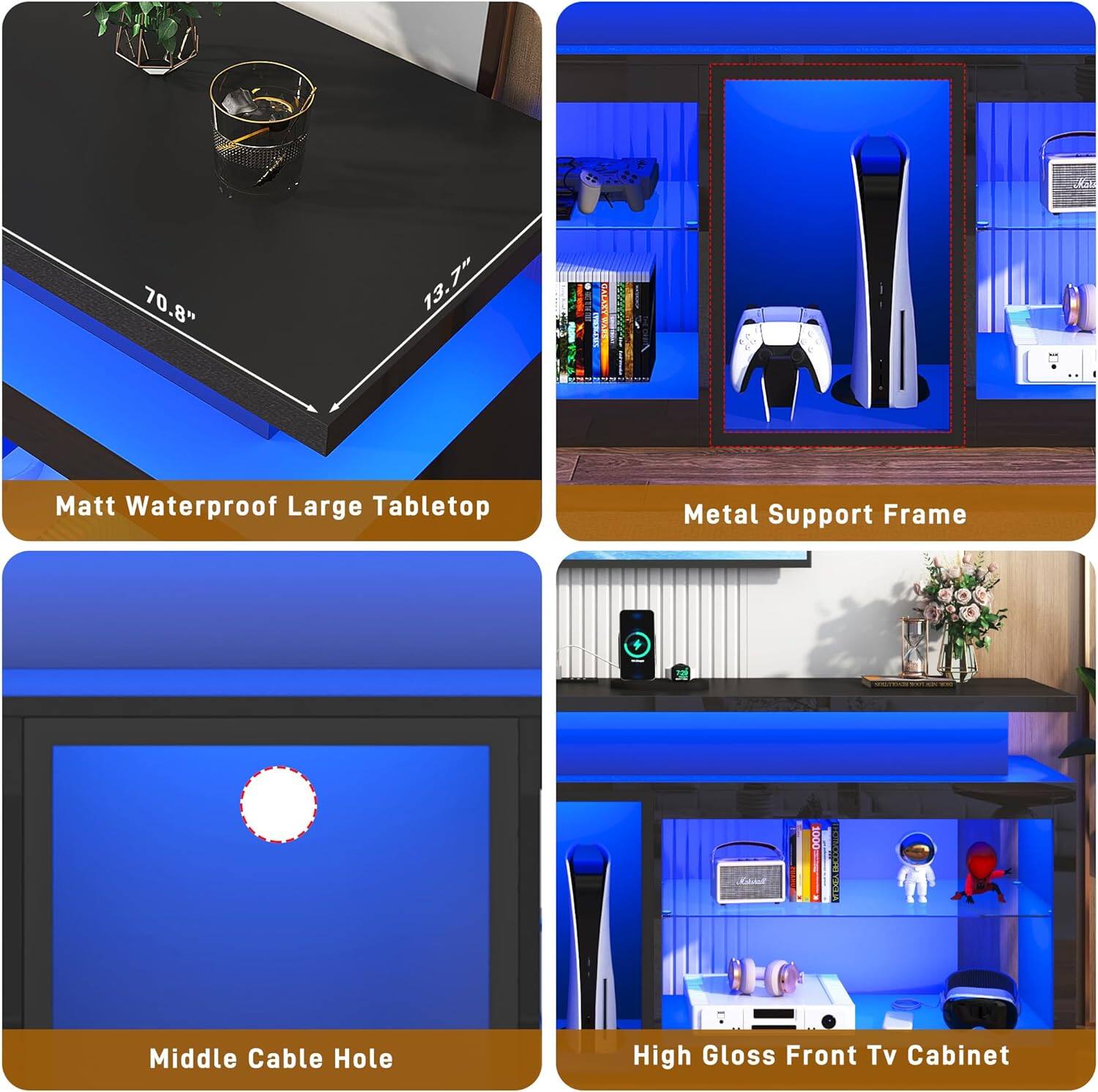70.8" 13.7" 7' 13. Matt Waterproof Large Tabletop Metal Support Frame 1000 Middle Cable Hole High Gloss Front Tv Cabinet