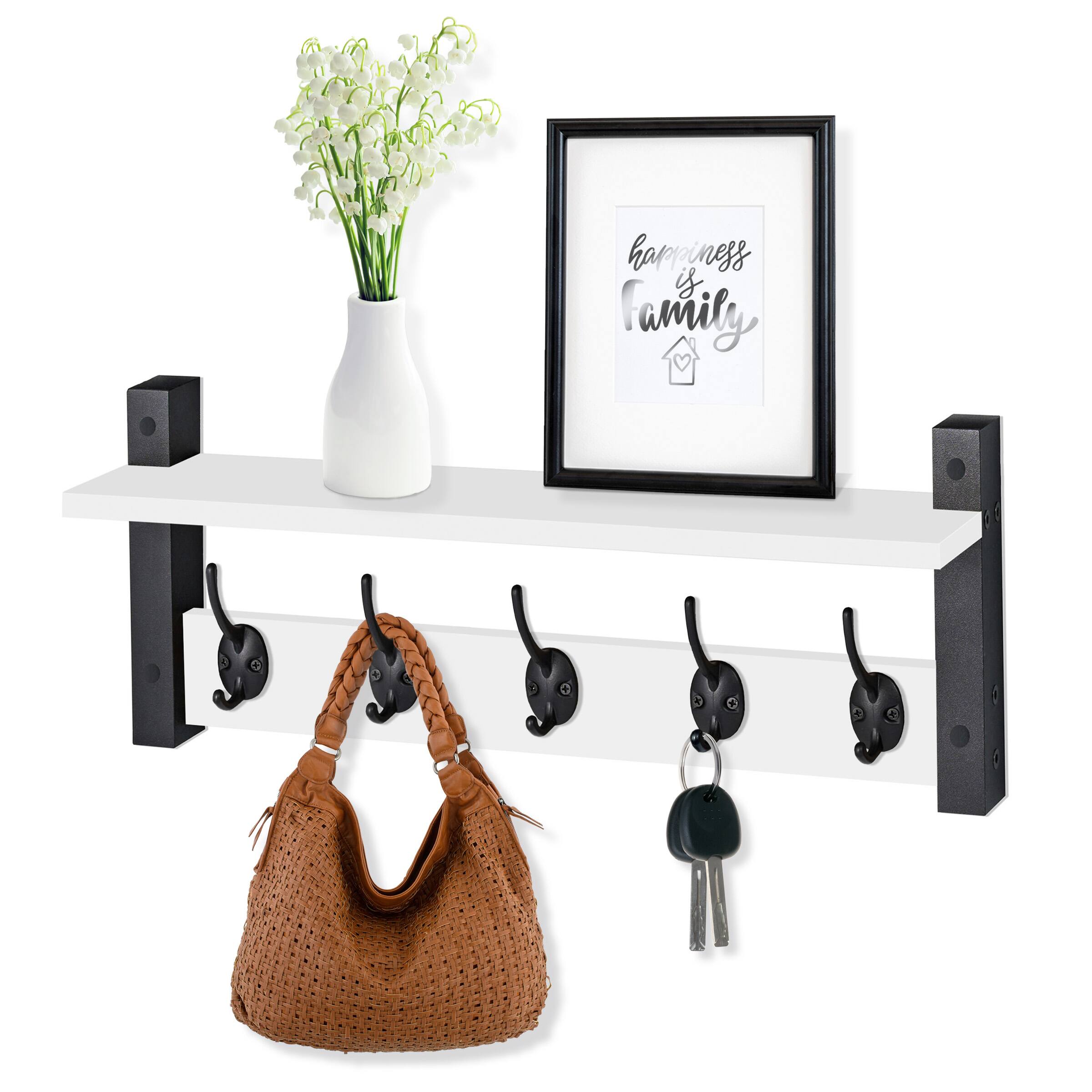 Sorbus - Coat Hooks Wall Mount with Shelf, 24 Inch Coat Rack Wall Mount with 5 Heavy Duty Hooks, Floating Wall Shelf - White