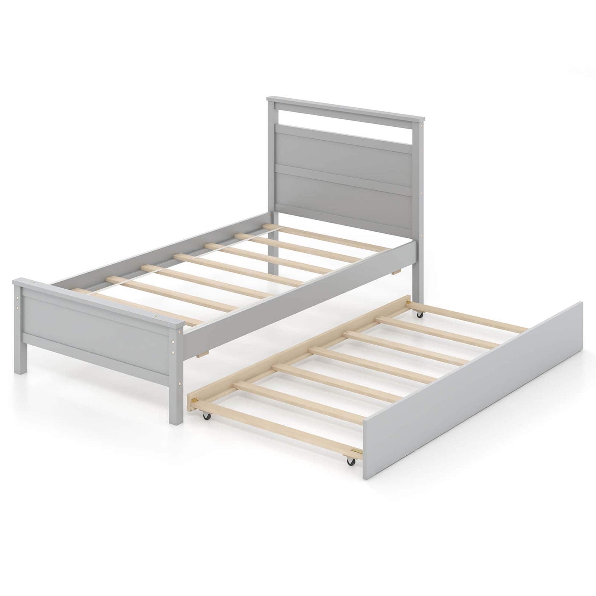 Front. Costway - Twin Size Platform Bed with Trundle Pull-out Trundle Headboard & Footboard - Gray.