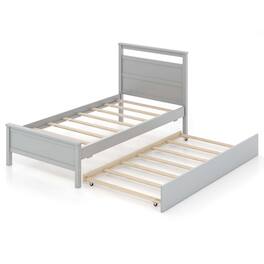 Costway - Twin Size Platform Bed with Trundle Pull-out Trundle Headboard & Footboard - Gray