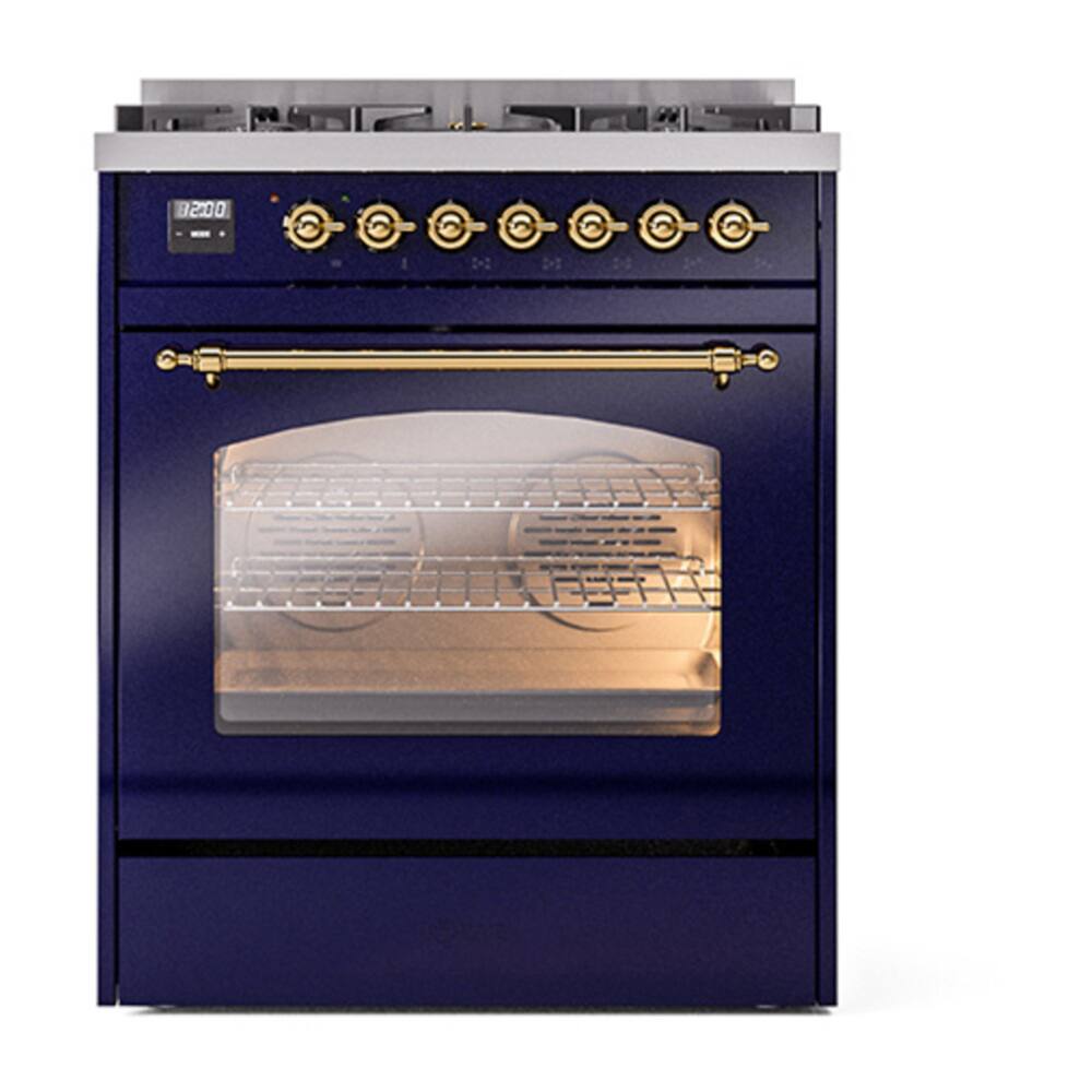 Alt View 4. ILVE - ILVE Nostalgie II Series 30 in. Dual Fuel Range with 5 Sealed Burners (Liquid Propane, Brass Trim) - Midnight Blue.