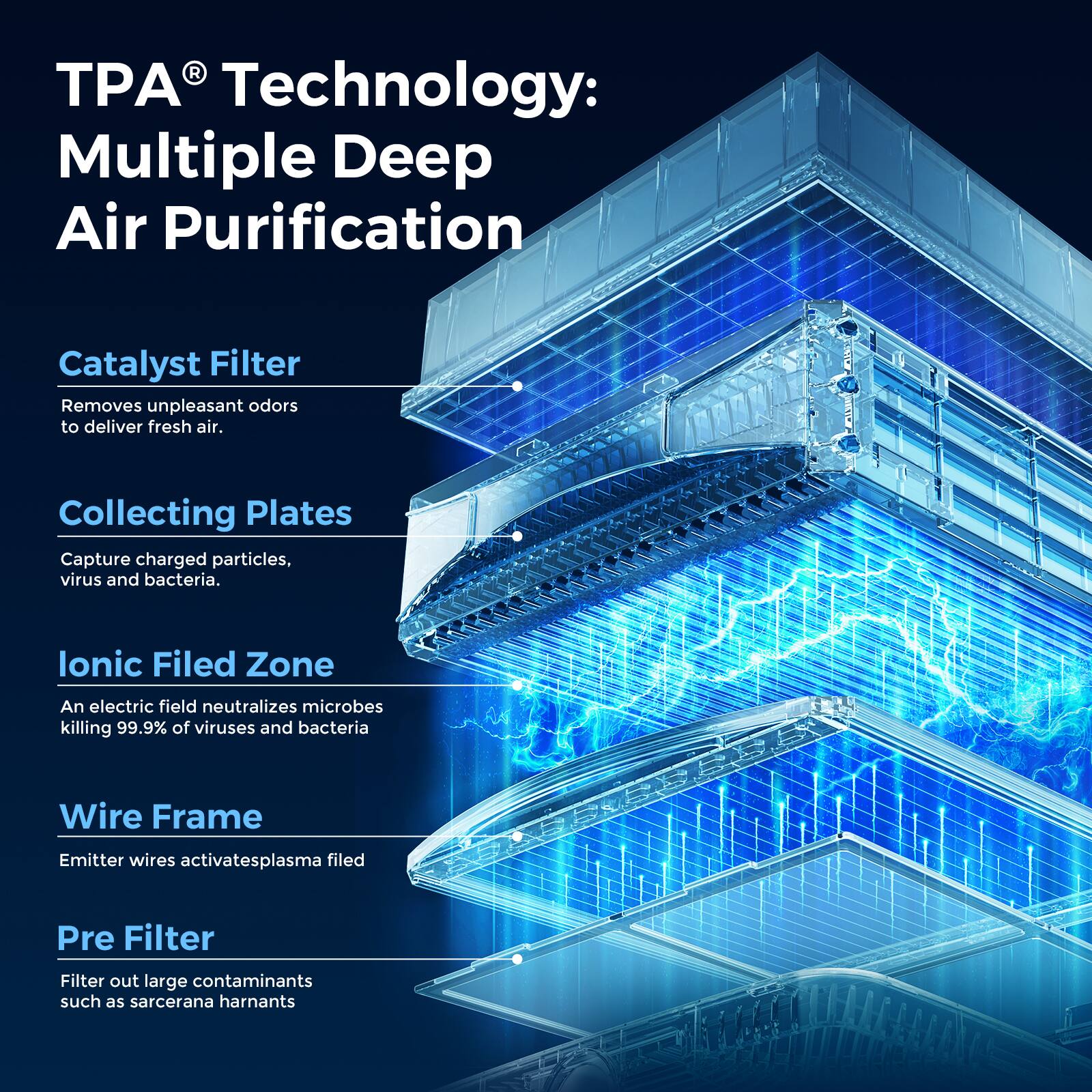 TPA® Technology: Multiple Deep Air Purification

Catalyst Filter  
Removes unpleasant odors to deliver fresh air.

Collecting Plates  
Capture charged particles, virus and bacteria.

Ionic Field Zone  
An electric field neutralizes microbes killing 99.9% of viruses and bacteria.

Wire Frame  
Emitter wires activate plasma field.

Pre Filter  
Filter out large contaminants such as sarcocana harntans.