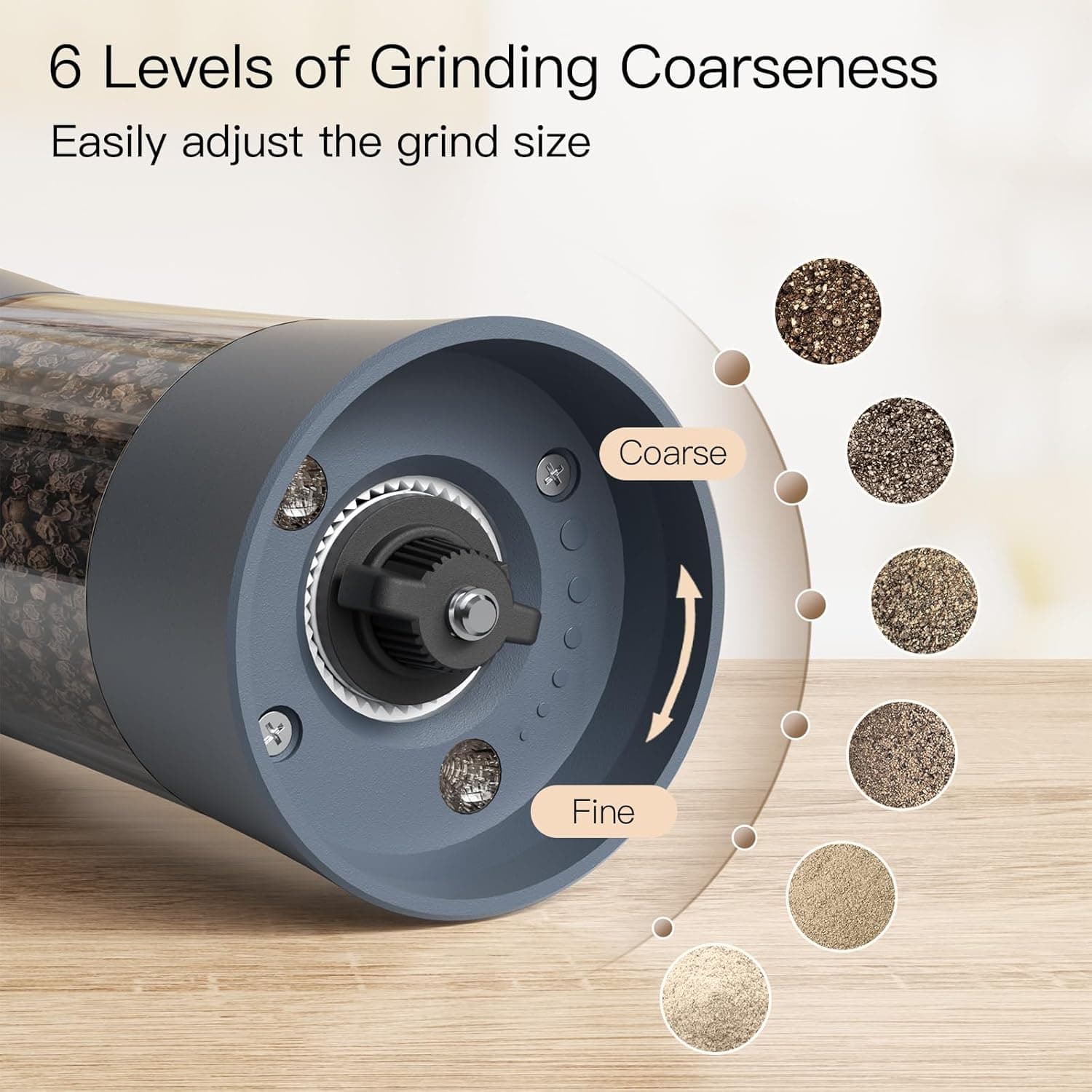 6 Levels of Grinding Coarseness  
Easily adjust the grind size  
Coarse  
Fine