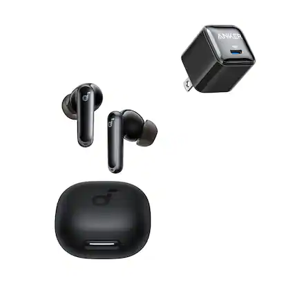 Front. Soundcore - P40i by Anker with USB C Charger Block 20W ,Noise Cancelling Wireless Earbuds, Adaptive Noise Cancelling to Environments - Black.