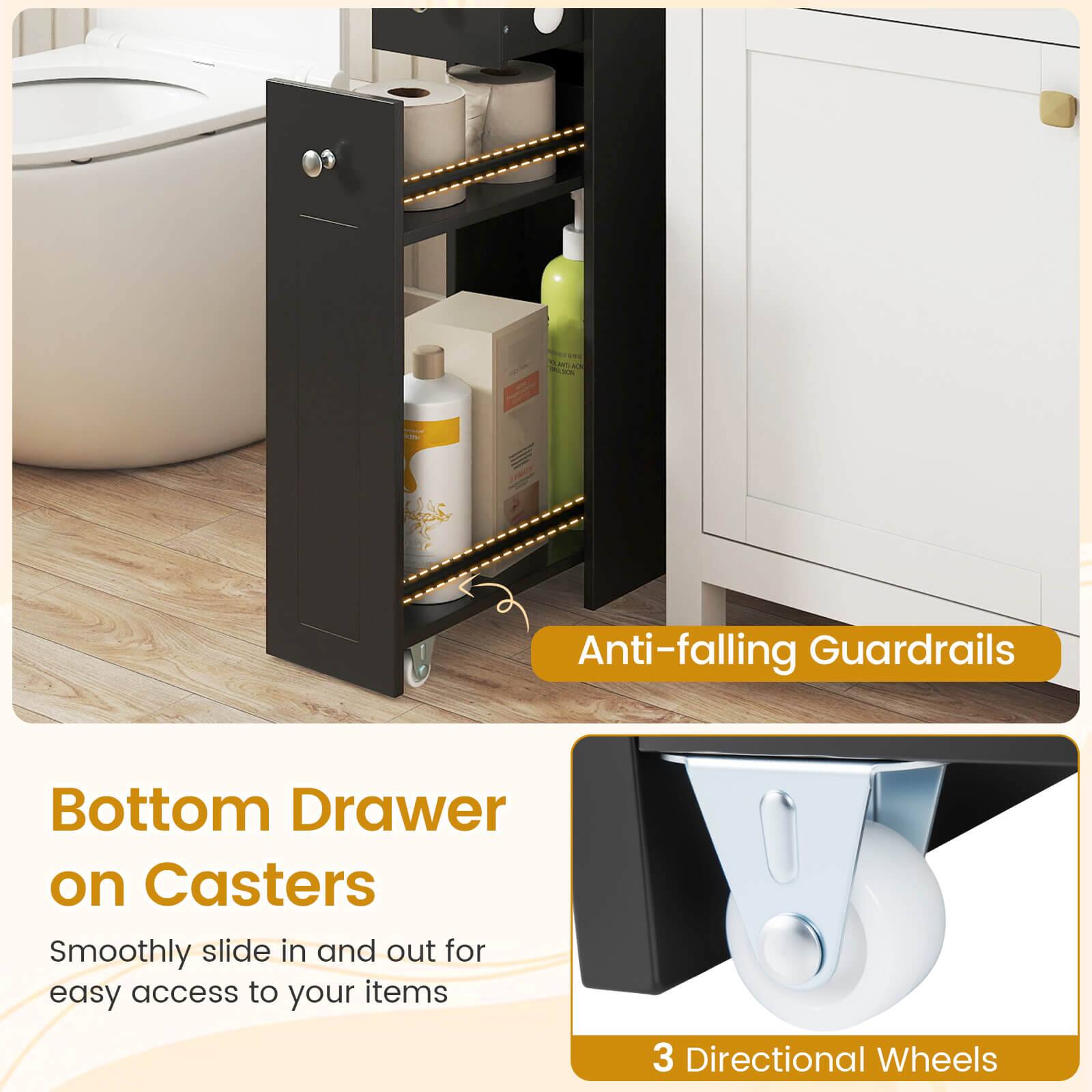 Anti-falling Guardrails

Bottom Drawer on Casters

Smoothly slide in and out for easy access to your items

3 Directional Wheels