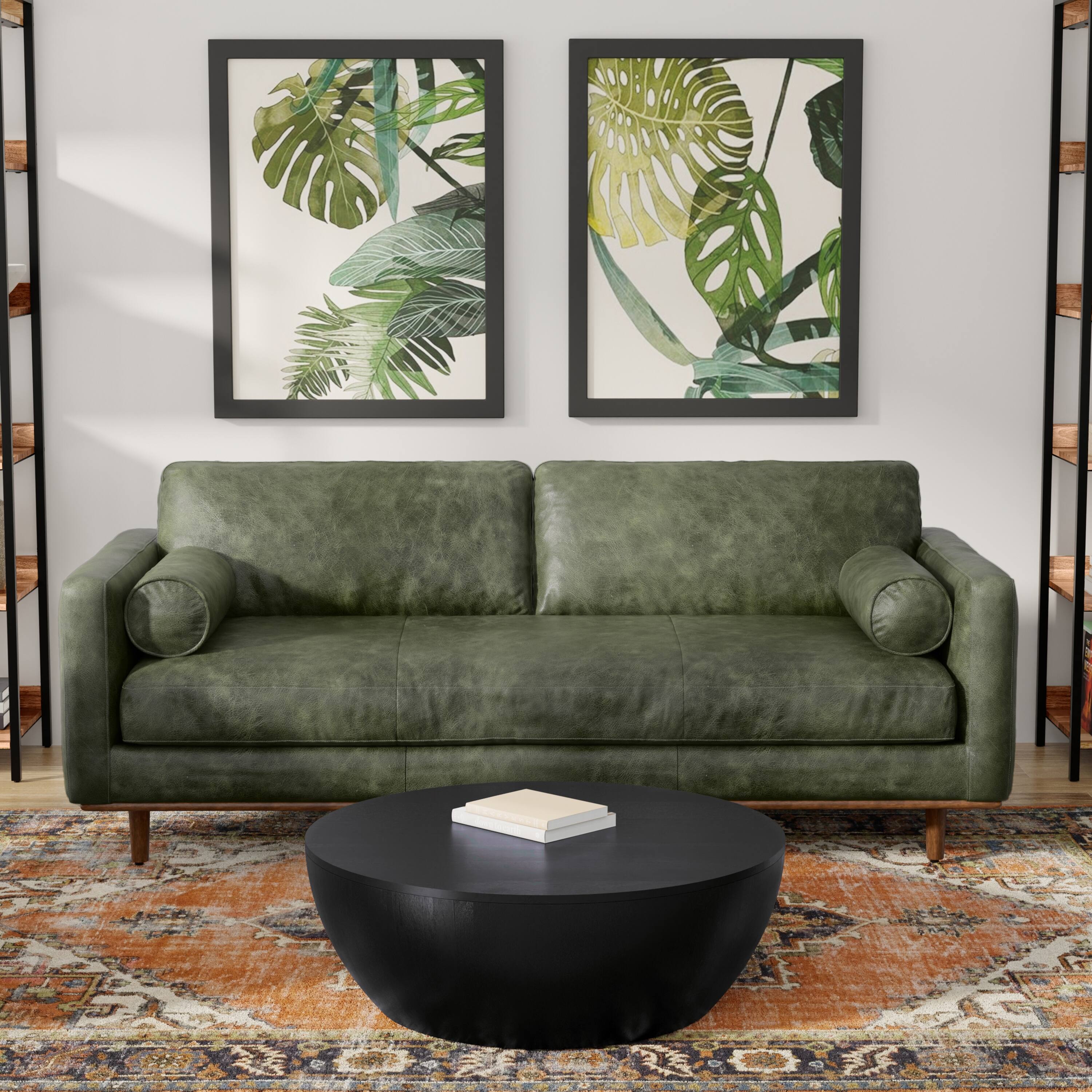 Angle. Simpli Home - Morrison 89 inch Wide Mid-Century Modern Sofa in Moss Green Genuine Leather - Moss Green.