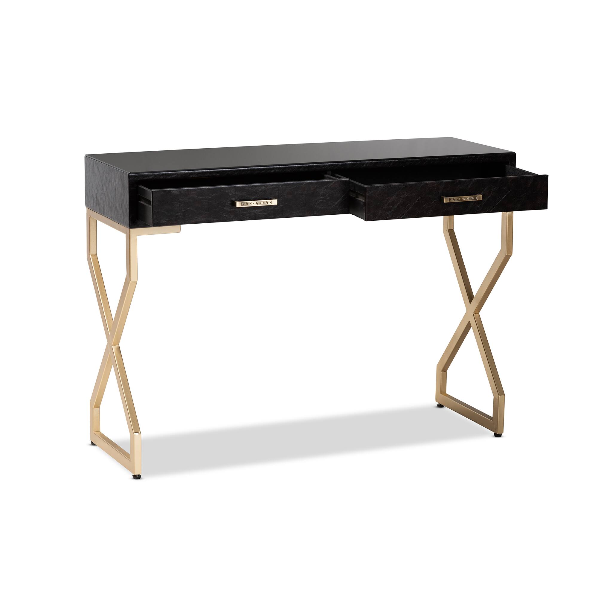 Angle. Baxton Studio - Carville Modern and Contemporary Faux Leather UpholsteFinished 2-Drawer Console Table - Dark Brown/Gold.