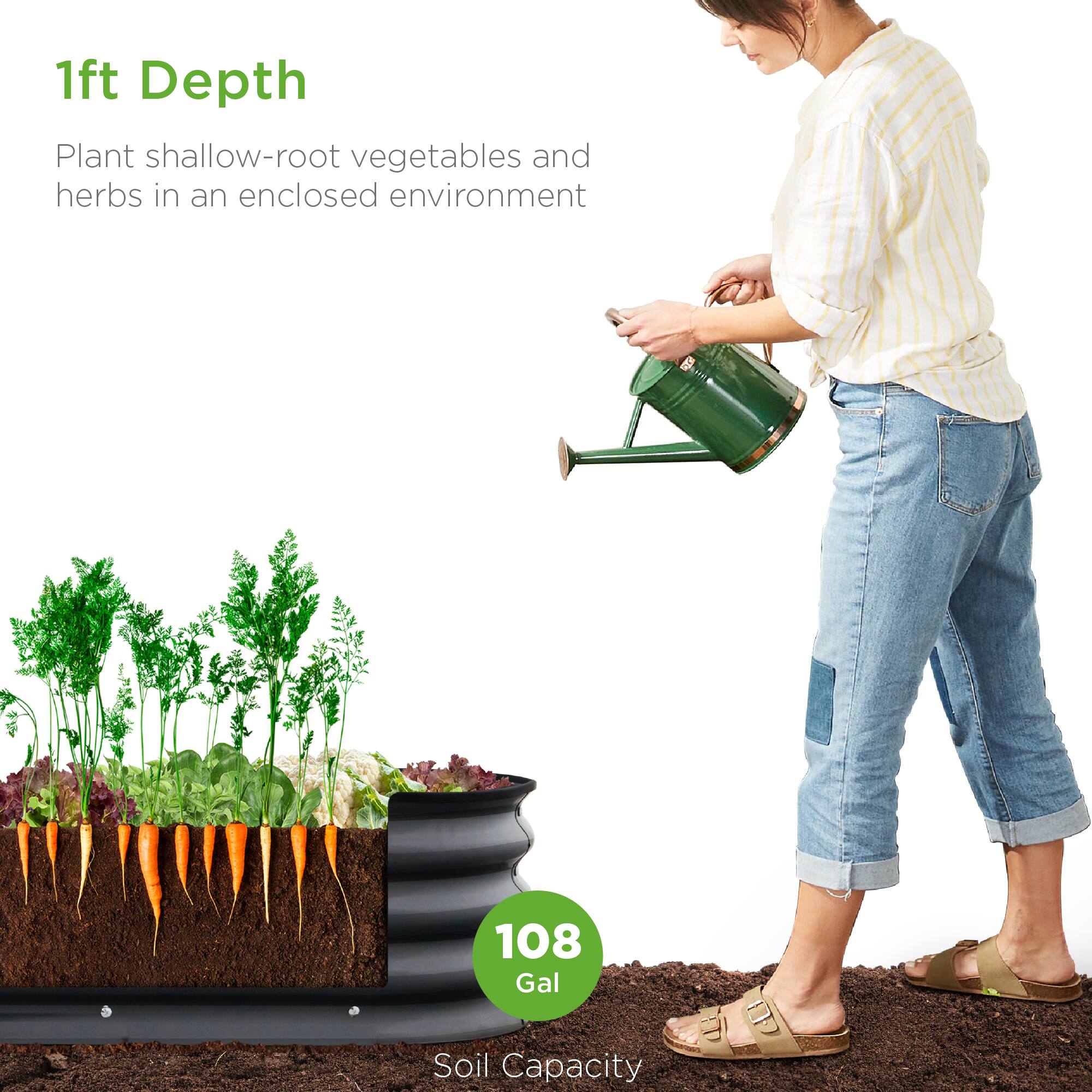 1ft Depth  
Plant shallow-root vegetables and herbs in an enclosed environment  

108 Gal  
Soil Capacity