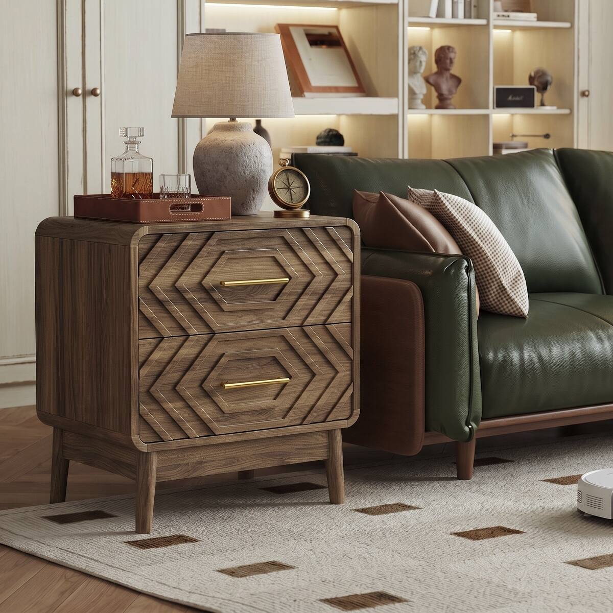 Alt View 4. Loheer - Loheer Walnut Bedside Table, Two Drawer Nightstand with Solid Wood Legs for Bedroom - Walnut.