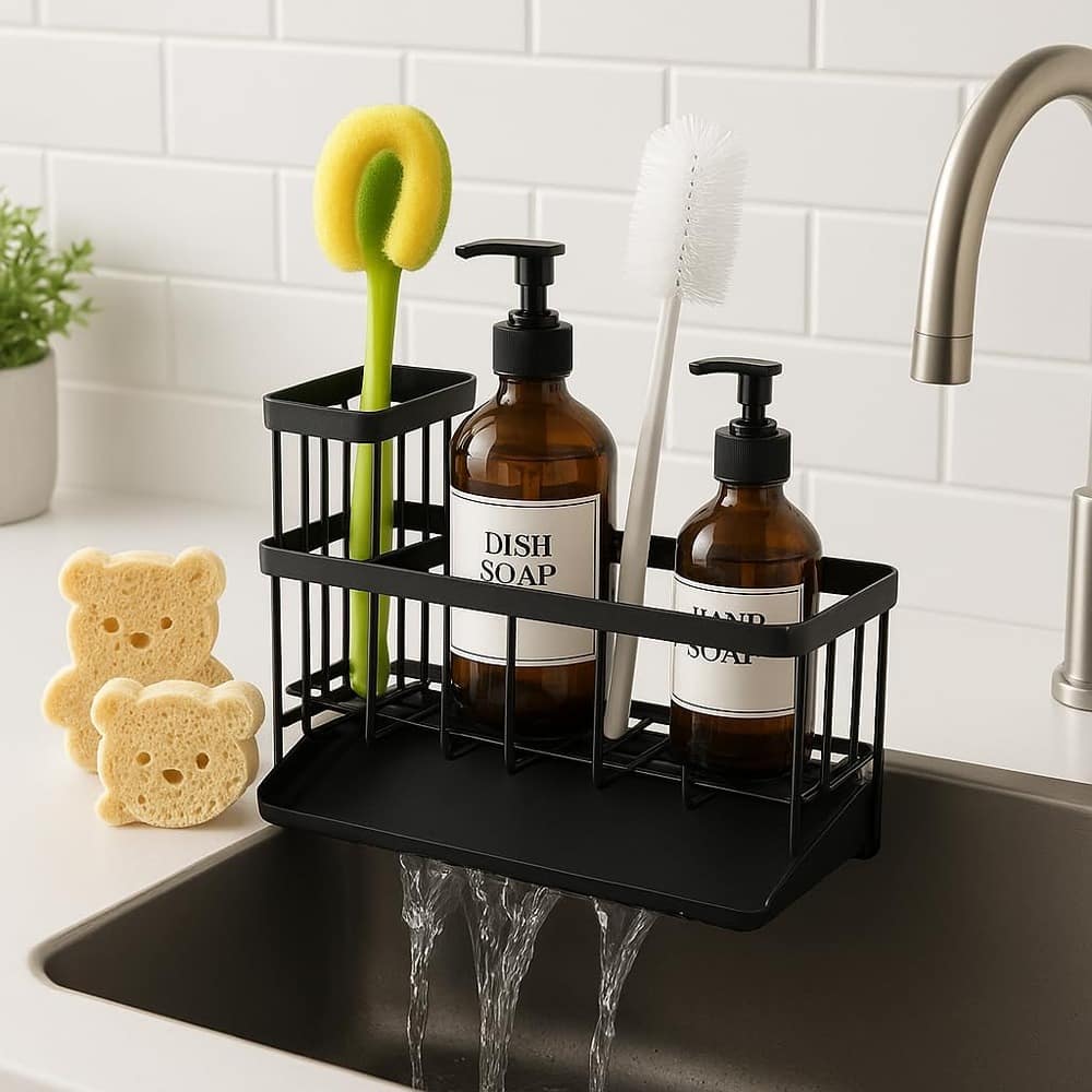 PARKER SLATER - Black Sink Caddy – 304 Stainless Steel Sponge & Brush Holder, Rustproof
