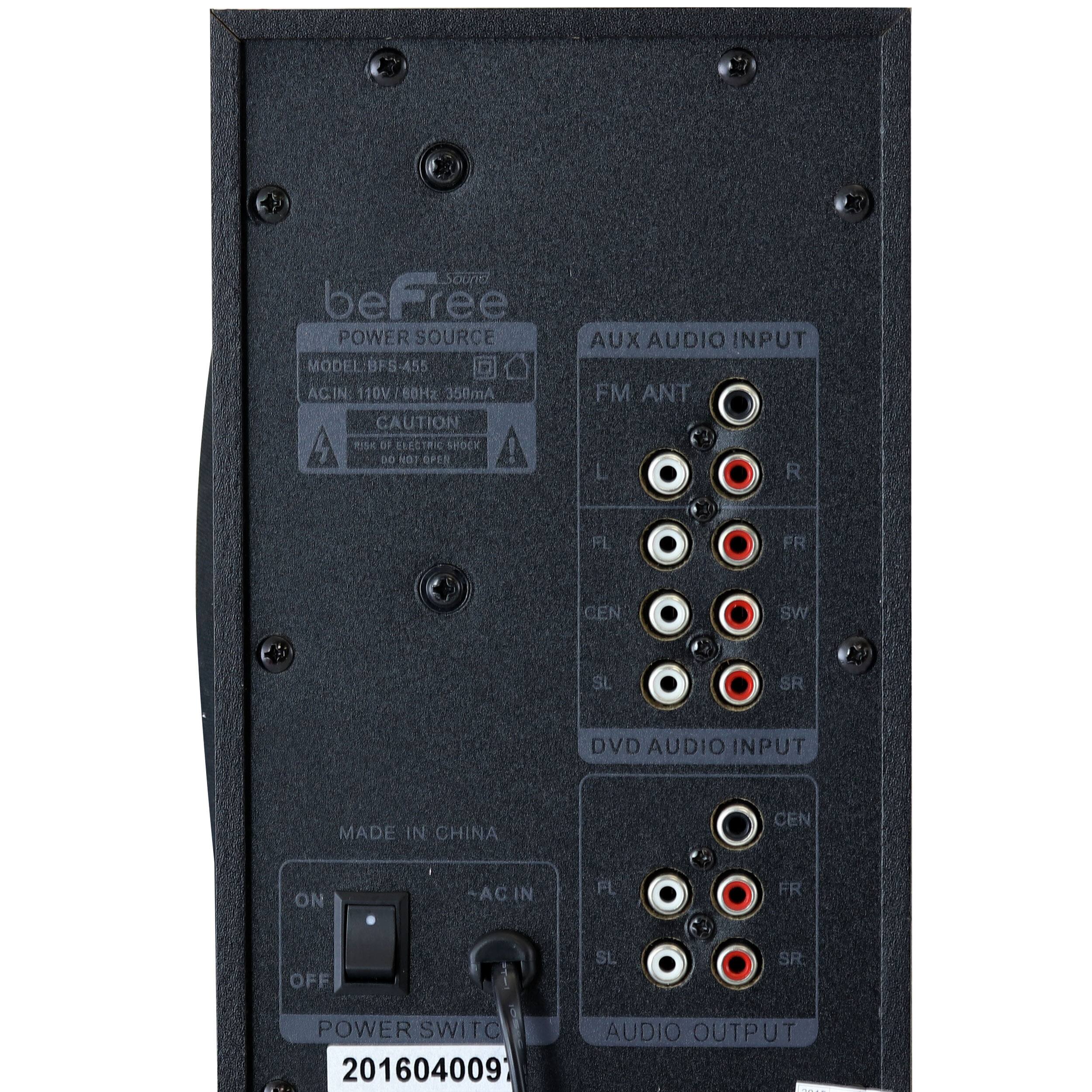 Sound be eFree POWER SOURCE MODEL BFS-455 AC IN: 110V 60Hz 350mA CAUTION ELECTRIC SHOCK DO NOT OPEN AUX AUDIO INPUT FM ANT L R FL PR CEN AAS SU SR DVD AUDIO INPUT MADE IN CHINA CEN ON AC IN FL FR OFF SU SR POWER SWITCH AUDIO OUTPUT 201604009