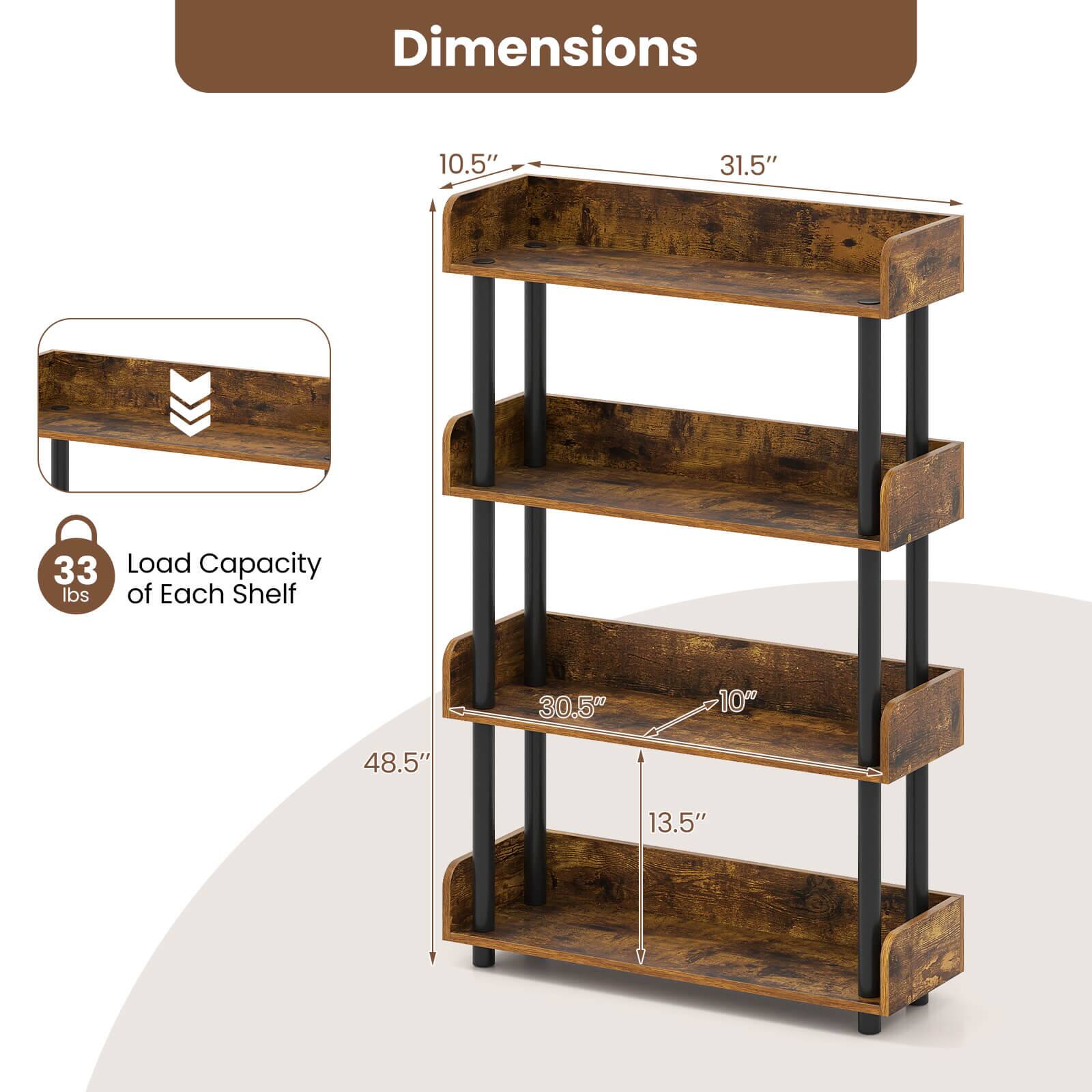 Dimensions:  
- Width: 31.5"  
- Depth: 10.5"  
- Height: 48.5"  

Load Capacity of Each Shelf: 33 lbs