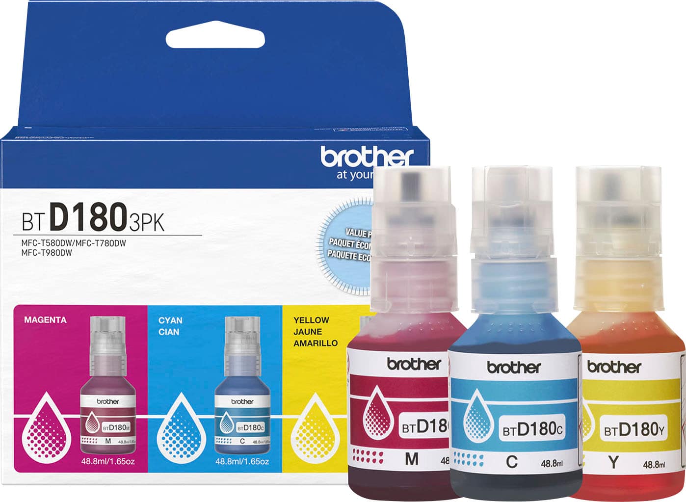 Brother - Genuine BTD180 3PK 3-Pack of High-Yield Cyan, Magenta, and Yellow Ink Bottles - Front_Zoom