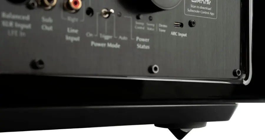 Balanced full input out LE S scan to download subwoofer control app right swing subwoofer demo cortol hotline tone ARC on trigger input autoswitch power mode status.