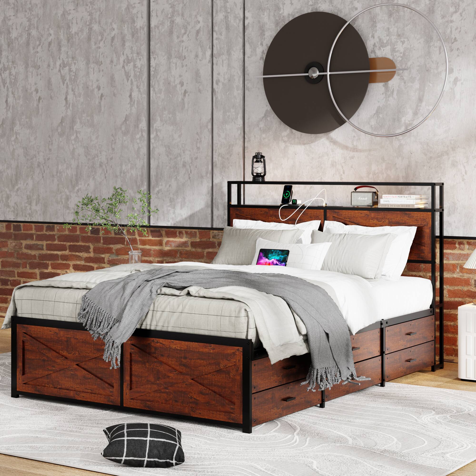 Left. LUCKY ONE - Queen Size Bed Frame with Storage Headboard and 12 Drawers LED Lights - Rustic Brown.