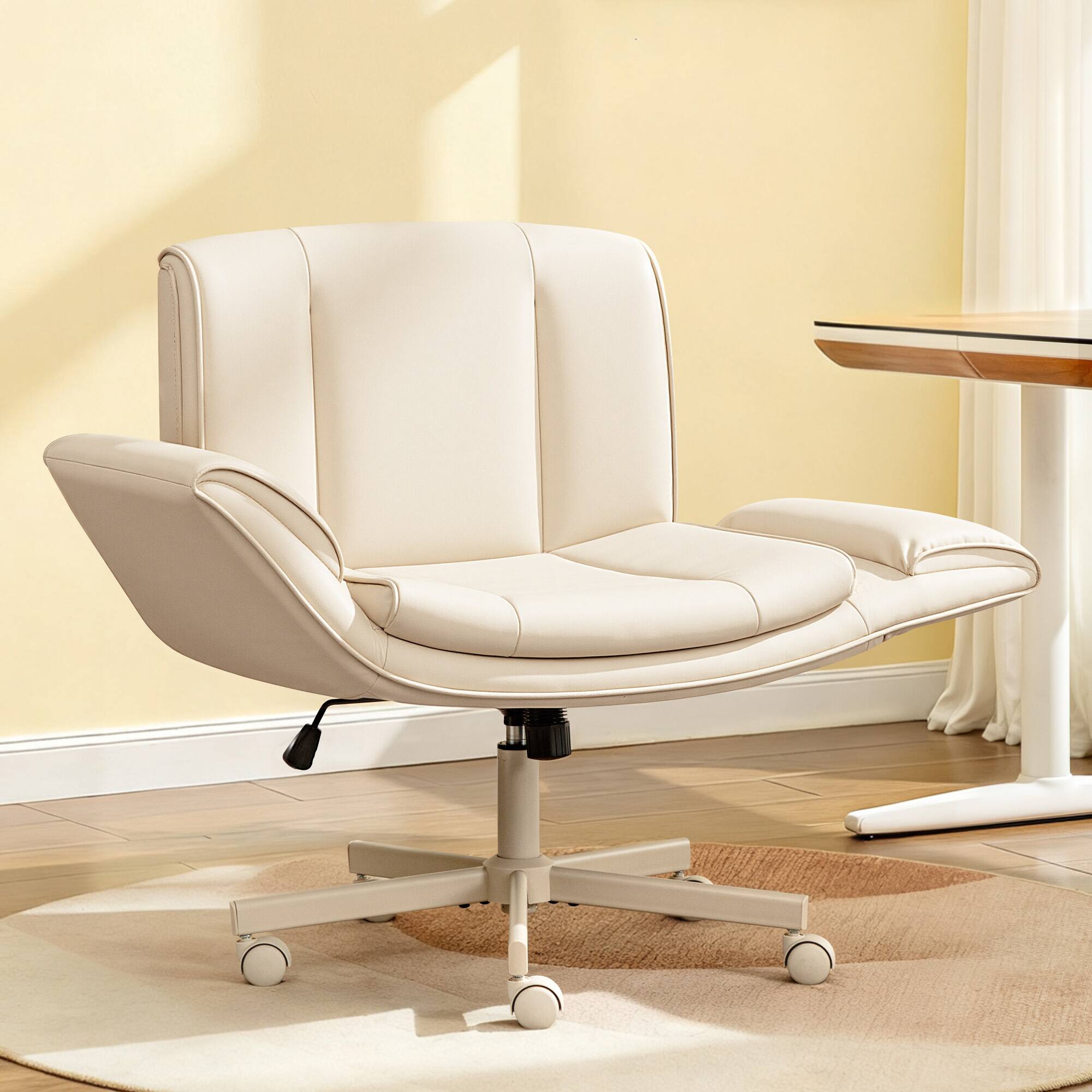 Front. Brick Attic - Criss Cross Chair with Wheels & Armrests, Wide Vanity Chair Scratch-Resistant PU Cross Legged Computer Office Desk Chair - Beige.