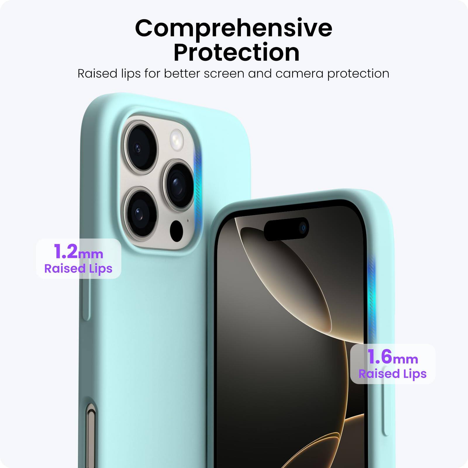 Comprehensive Protection
Raised lips for better screen and camera protection
1.2mm Raised Lips
1.6mm Raised Lips
