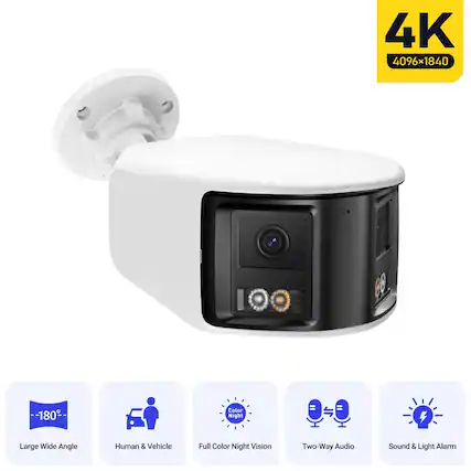 4K 4096x1840
-180° Large Wide Angle
Human & Vehicle
Full Color Night Vision
Two-Way Audio
Sound & Light Alarm