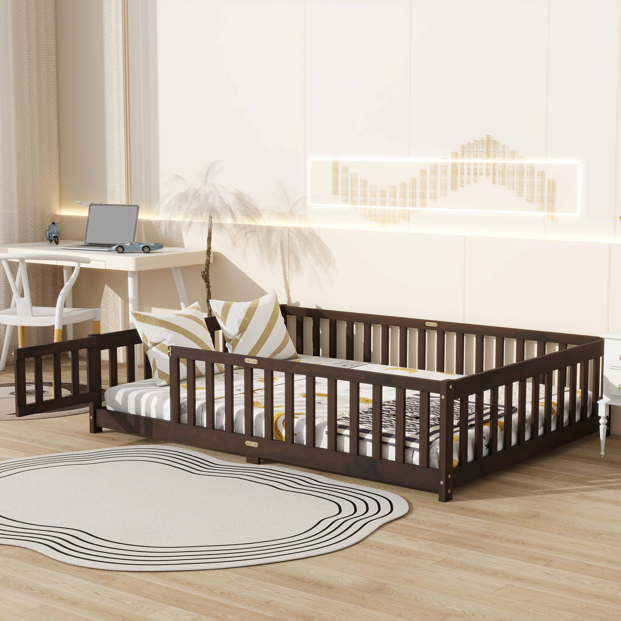 Alt View 2. GOODSILO - Full Size Floor Bed with Safety Fence and Revolving Door for Children, Sturdy Rubber Wood Construction - Espresso.