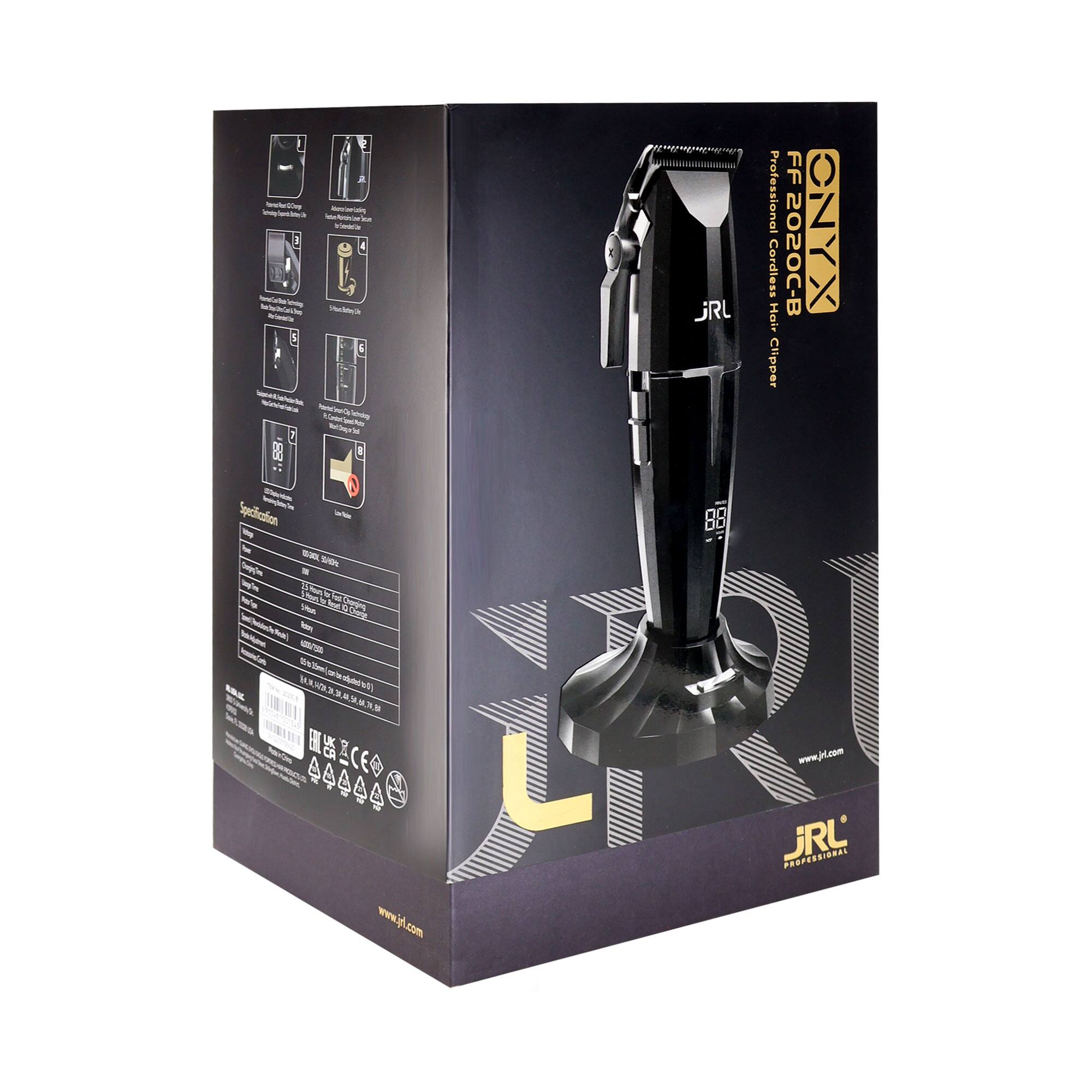 JRL Professional  
FF2020C-B Hair Clipper  

CNYX  

Specification  
- Voltage: 100-240V  
- Frequency: 50/60Hz  
- Power: 80W  
- Motor: 8800 RPM  
- Blade: Stainless Steel  
- Cord: 2.5m  
- Weight: 0.6kg  
- Dimensions: 200 x 100 x 100mm  

www.jrl.com  

CE  

JRL Professional  

www.jrl.com