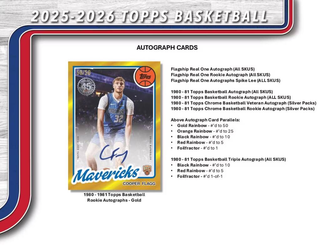 2025-2026 TOPPS BASKETBALL AUTOGRAPH CARDS

Flagship Real One Autograph (All SKUs)
Flagship Real One Rookie Autograph (All SKUs)
Flagship Real One Autographs Spike Lee (All SKUs)

1980-81 Topps Basketball Autograph (All SKUs)
1980-81 Topps Basketball Rookie Autograph (All SKUs)
1980-81 Topps Chrome Basketball Veteran Autograph (Silver Packs)
1980-81 Topps Chrome Basketball Rookie Autograph (Silver Packs)

Above Autograph Card Parallels:
- Gold Rainbow - #d to 50
- Orange Rainbow - #d to 25
- Black Rainbow - #d to 10
- Red Rainbow - #d to 5
- Foilfractor - #d to 1

1980-81 Topps Basketball Triple Autograph (All SKUs)
- Black Rainbow - #d to 0
- Red Rainbow - #d to 5
- Foilfractor - #d 1-of-1

1980-1981 Topps Basketball Rookie Aut