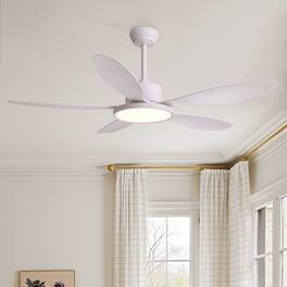 Siljoy - 52 Inch Matte 5 Blades Downrod Ceiling Fan With Round LED Light For Bedroom Living Room - White