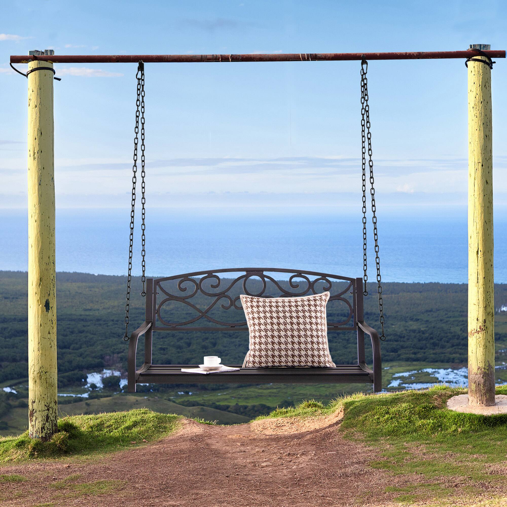 Alt View 8. Gymax - Gymax Patio Hanging Porch Swing Outdoor 2-Person Metal Swing Bench Chair w/ Chains Brown - Brown.