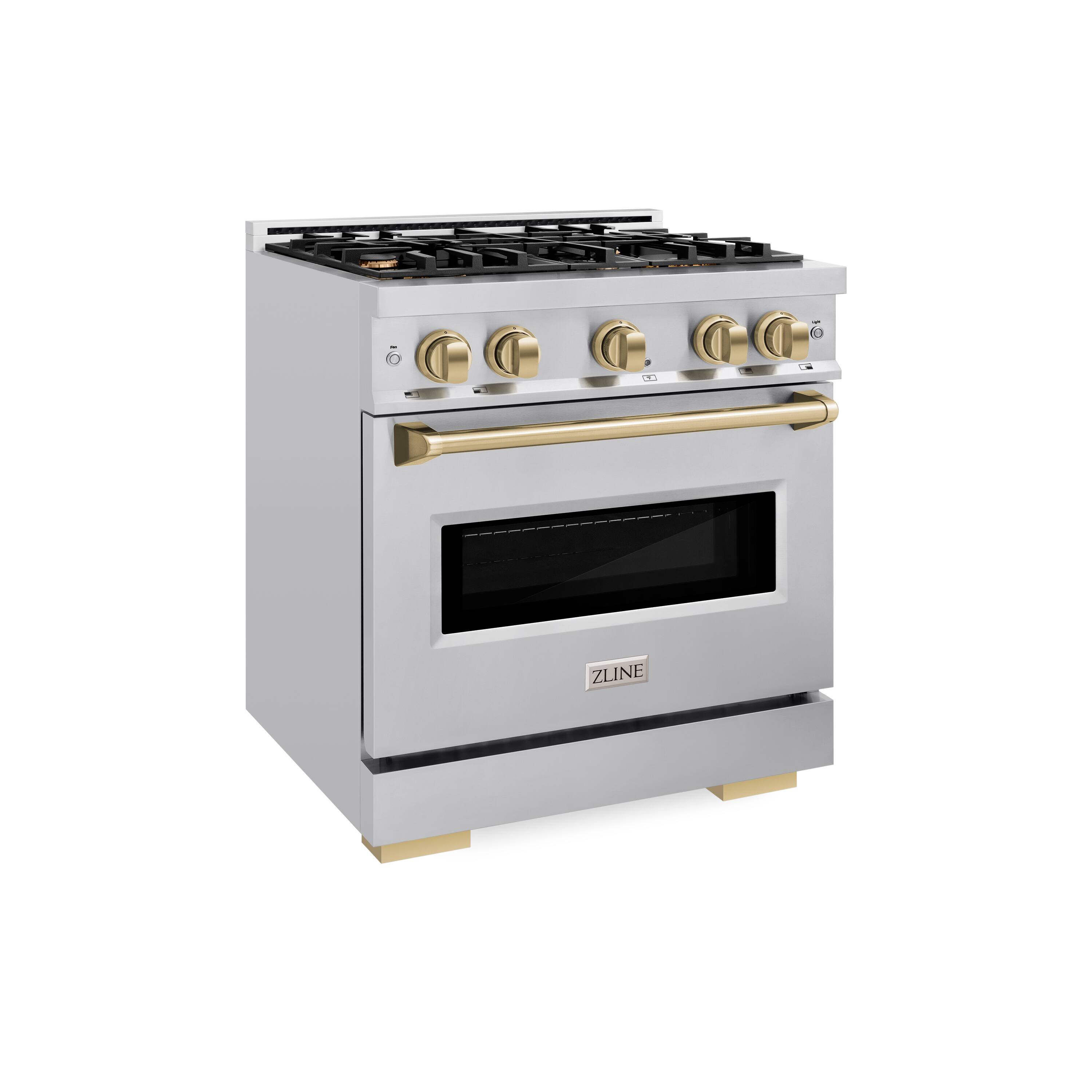 Angle. ZLINE - Autograph 30" Classic Dual Fuel Range w/ 4 Burners & Champagne Bronze Accents (CDRZ-30-CB) - Stainless Steel.