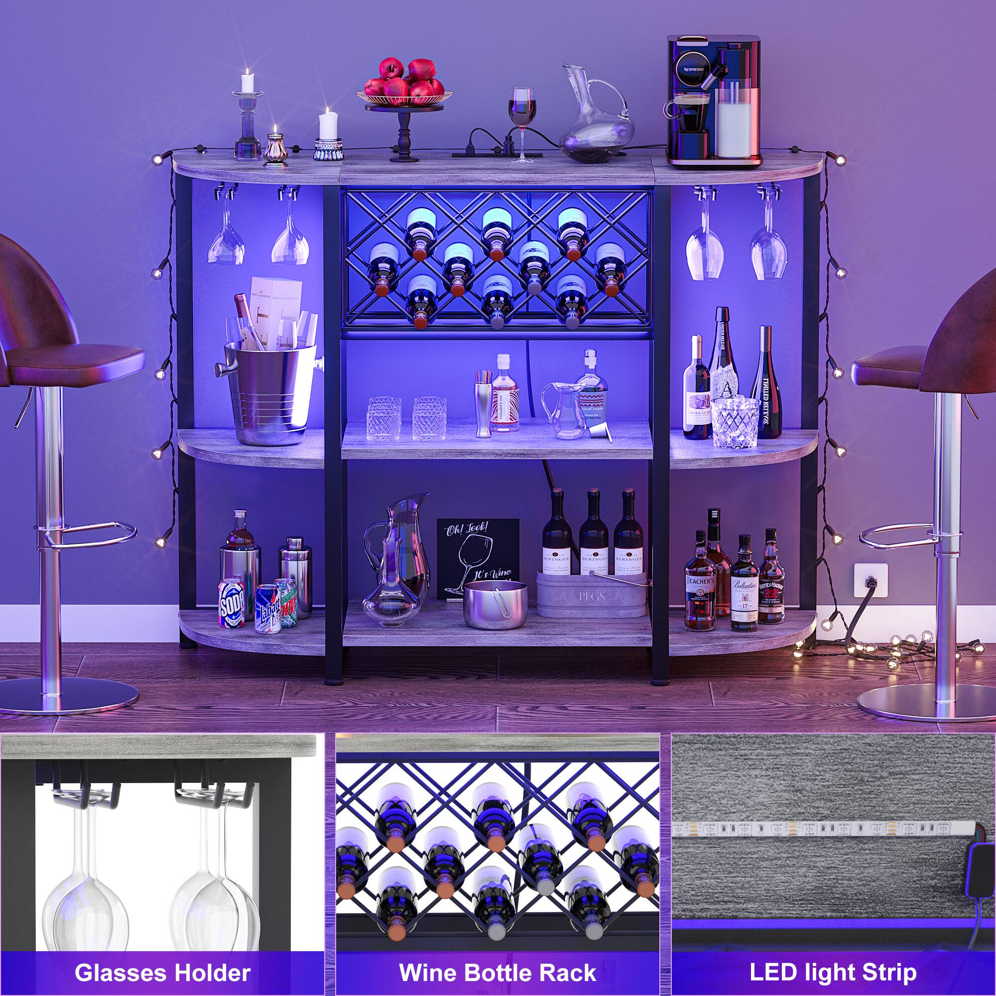 Glasses Holder  
Wine Bottle Rack  
LED light Strip