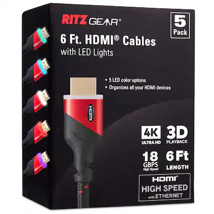 RITZ GEAR 6 Ft. HDMI Cables with LED Lights 5 Pack
* 6 Ft. HDMI Cables with LED Lights
* 5 Pack
* 5 LED color options
* Organizes all your HDMI devices
* 4K 3D ULTRA HD PLAYBACK
* 18 6Ft 6 GBPS LENGTH
* High Speed HDMI
* High Speed with ETHERNET