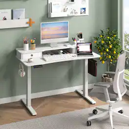 WELLFOR - 48" Electric Standing Desk with 3 Memory Heights and 2 Drawers, Adjustable Height Sit Stand Home Office Desk - White