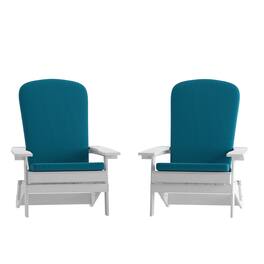 Emma + Oliver - Haven Set of Two All-Weather Poly Resin Folding Adirondack Chairs for Indoor/Outdoor Use - Teal Cushions/White Frame