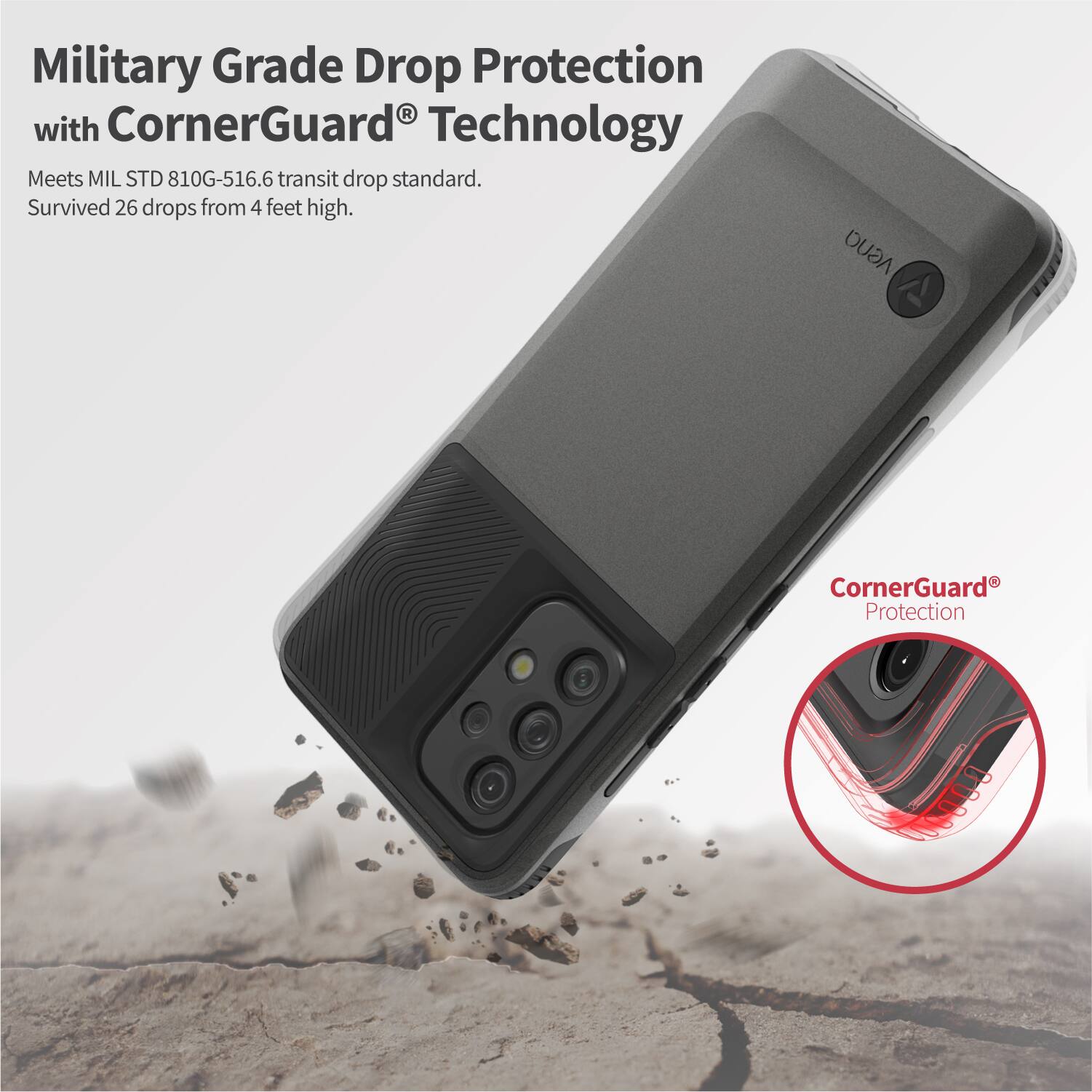 Military Grade Drop Protection with CornerGuard Technology. Meets MIL STD 810G-516.6 transit drop standard. Survived 26 drops from 4 feet high. CornerGuard Protection.