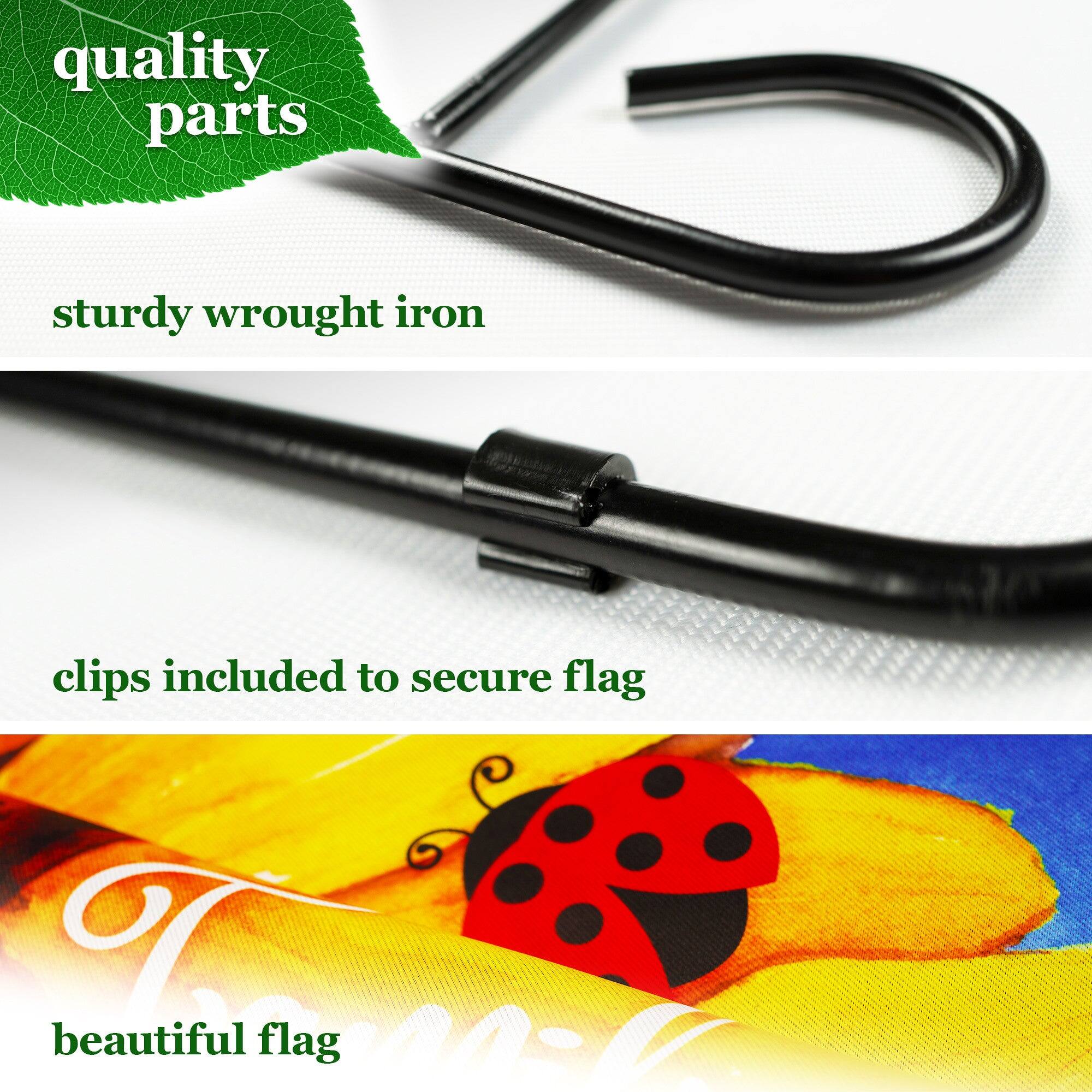 - quality parts
- sturdy wrought iron
- clips included to secure flag
- beautiful flag