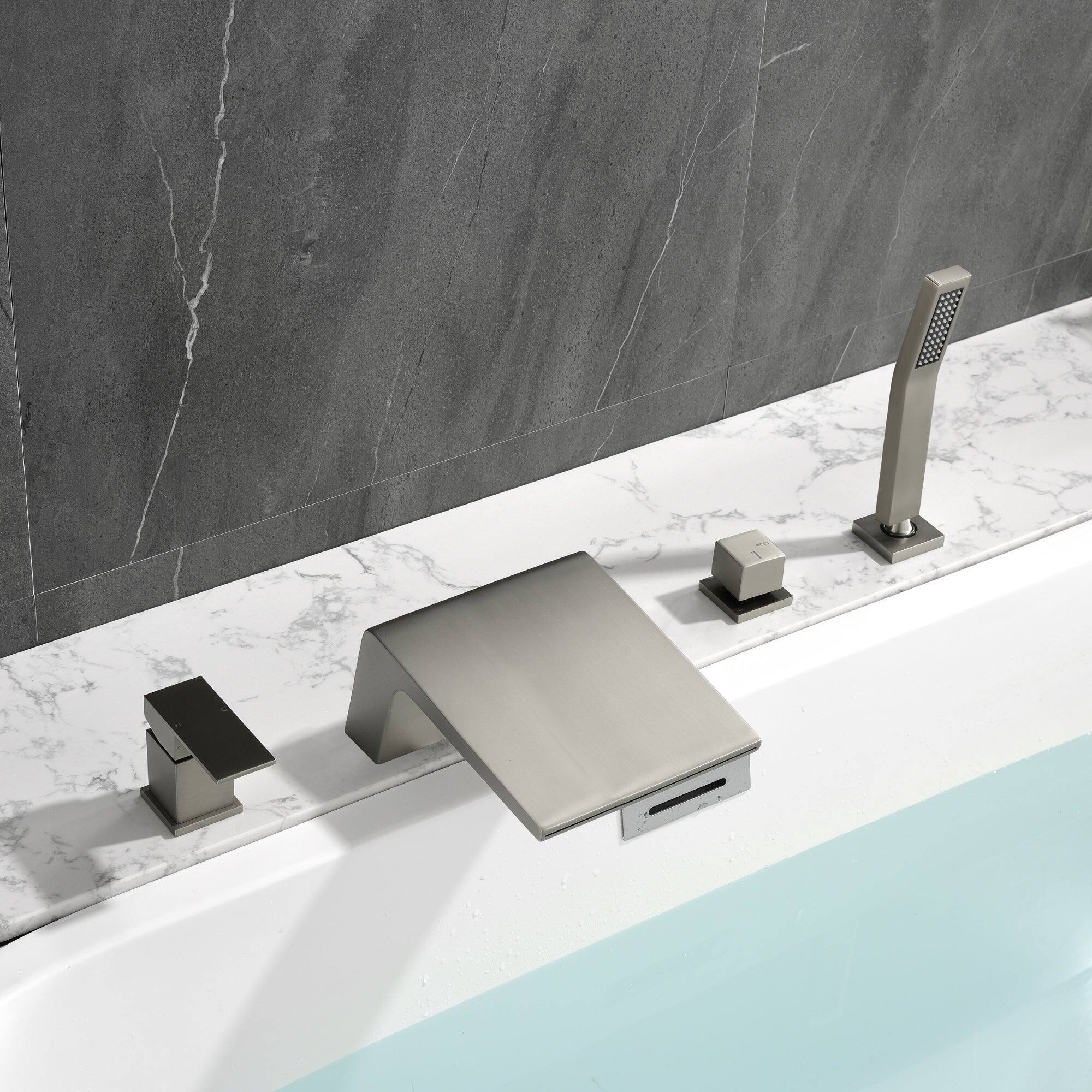 Front. Boyel Living - Inclined Waterfall Bath Tub Faucet with Hand Shower Hot and Cold Single Handle SUS304 Anti Fingerprint - Brushed Nickel.