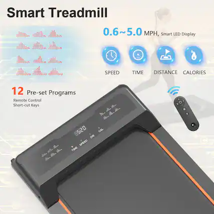 Smart Treadmill
0.6~5.0 MPH, Smart LED Display
SPEED TIME DISTANCE CALORIES
12 Pre-set Programs
Remote Control Short-cut Keys
