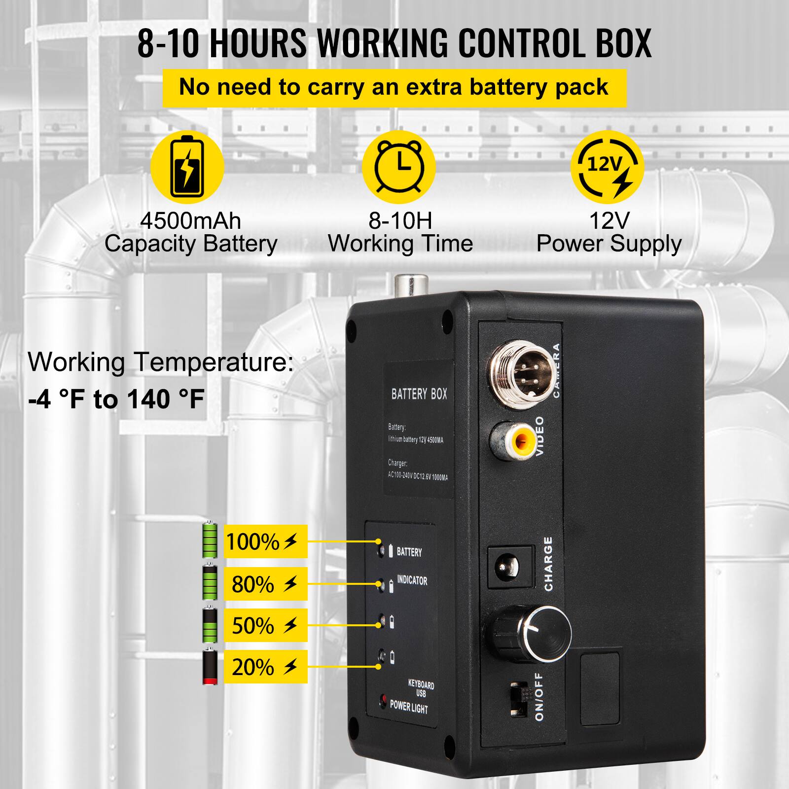 8-10 HOURS WORKING CONTROL BOX  
No need to carry an extra battery pack  

4500mAh Capacity Battery  
8-10H Working Time  
12V Power Supply  

Working Temperature: -4°F to 140°F  

BATTERY BOX  
Battery: Lithium Battery 12V 4500mAh  
Charger: AC100-240V DC 1000mA  

THOMA VIDEO CAMERA  
100% 80% 50% BATTERY INDICATOR  
CHARGE 20%  
KEYBOARD USB  
POWER LIGHT  
LIGHT ON/OFF