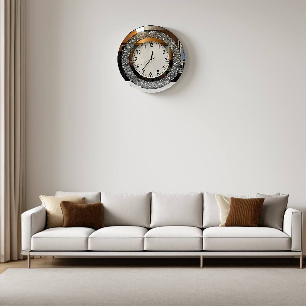 Angle. FC Design - 19"H Silver & Mirrored Glittery Crystal Round Wall Clock - Elegant Decor - Multicolor.