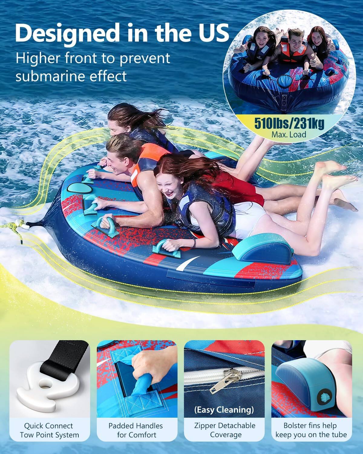 Designed in the US. Higher front to prevent submarine effect. 510lbs/231kg Max. Load. Quick Connect Tow Point System. Padded Handles for Comfort (Easy Cleaning). Zipper Detachable Coverage. Bolster fins help keep you on the tube.
