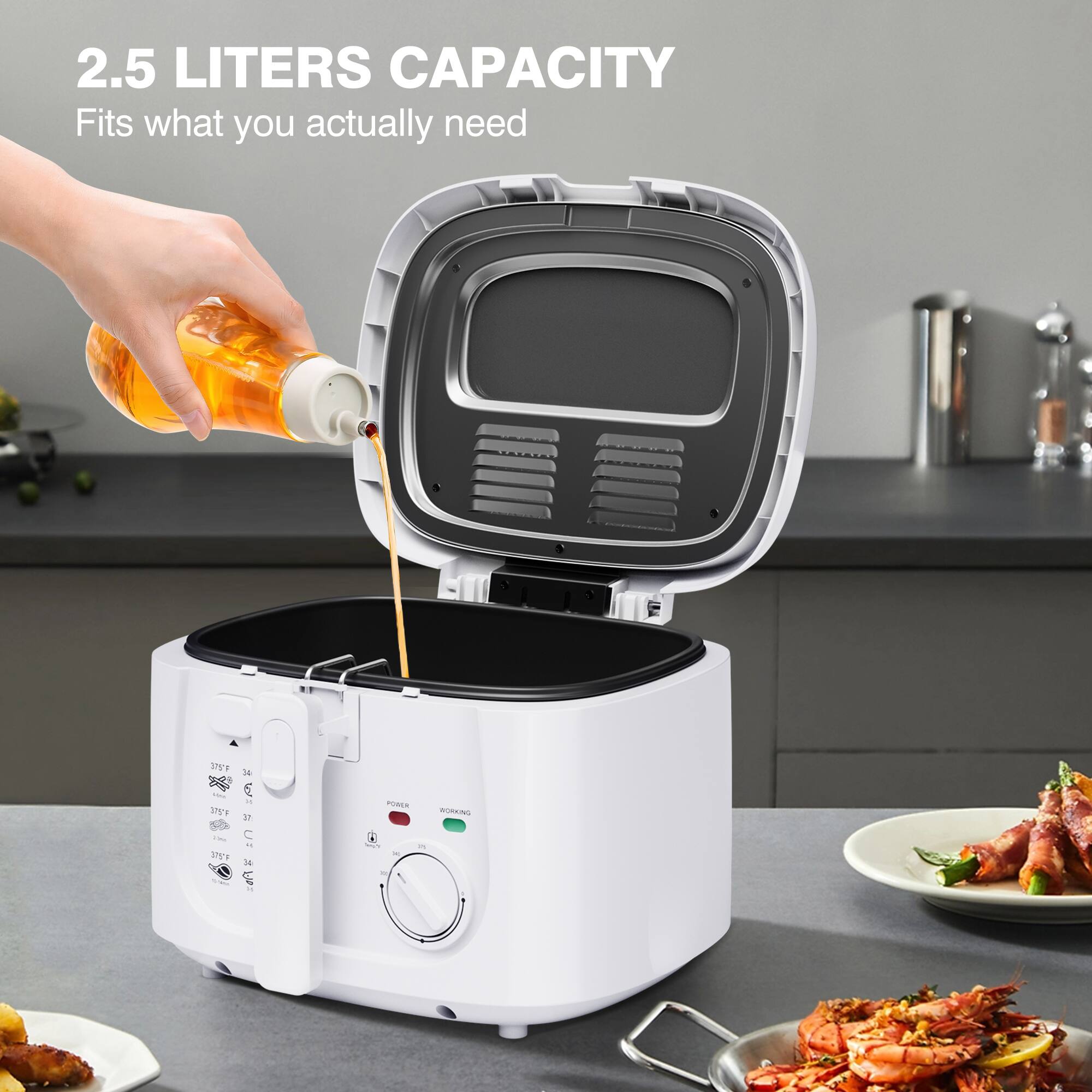 2.5 LITERS CAPACITY Fits what you actually need

POWER - WORKING

375°F - 34 - BURNING
