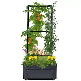 Outsunny - Planter Box, 24" x 24" x 55" Raised Garden Bed with Tomato Cage for Climbing Vines - Dark Gray