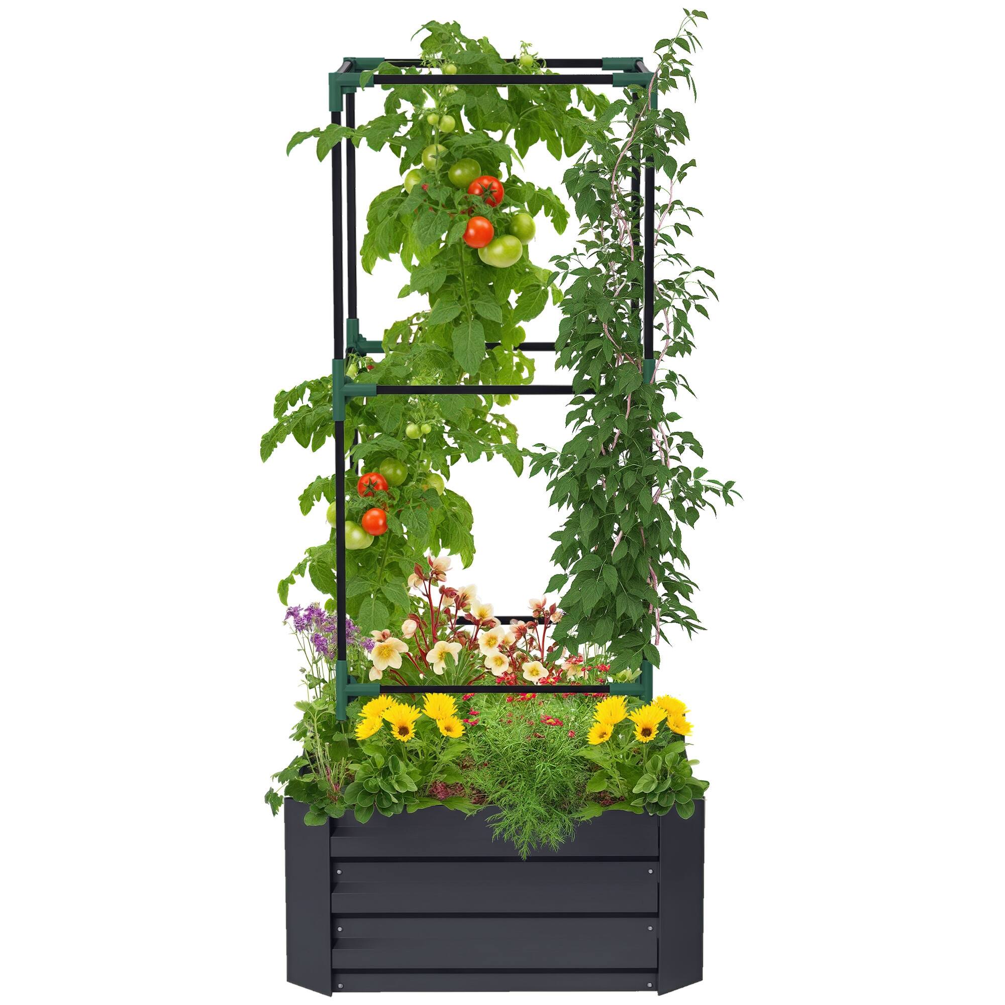 Front. Outsunny - Planter Box, 24" x 24" x 55" Raised Garden Bed with Tomato Cage for Climbing Vines - Dark Gray.
