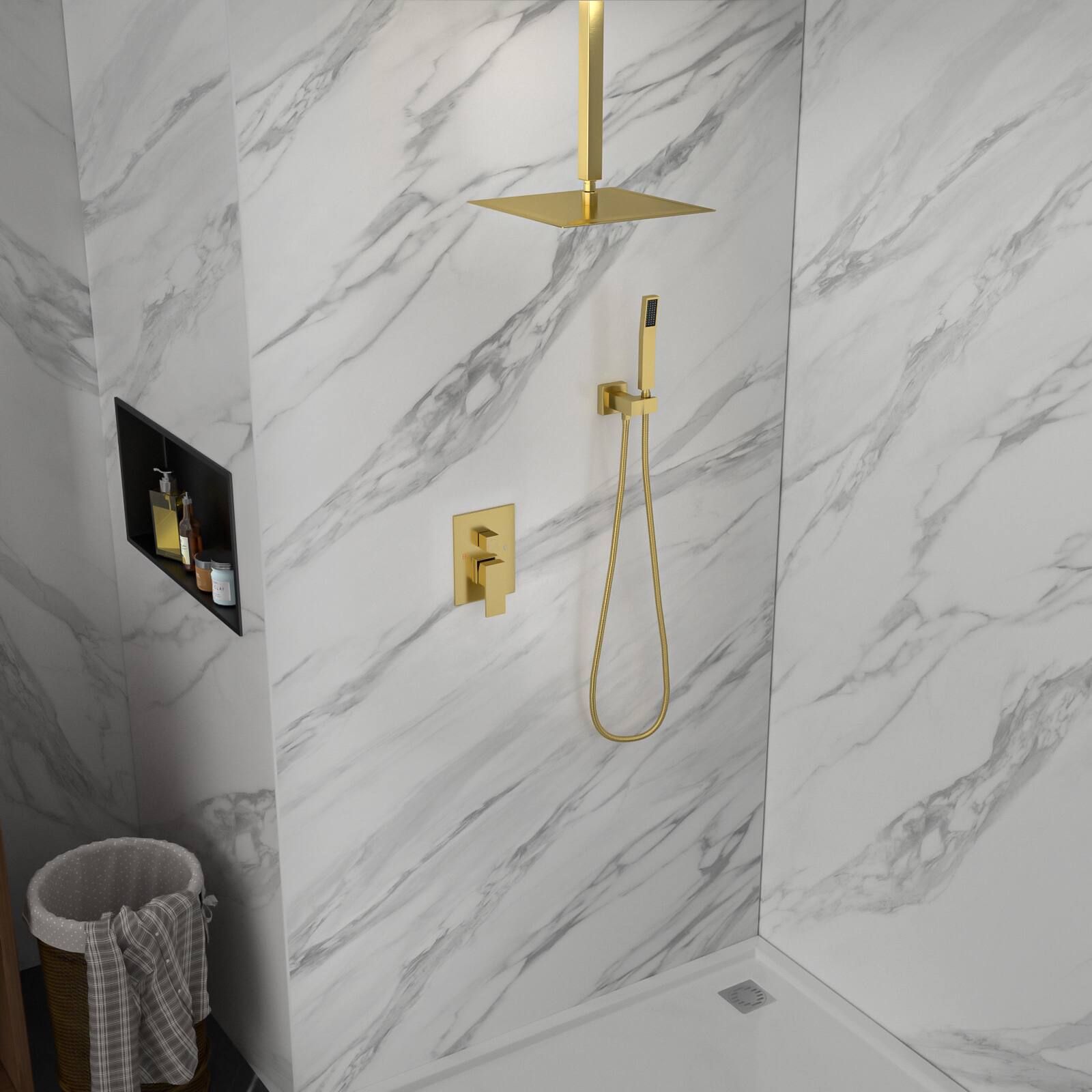 Back. Lordear - Dual Shower Head - 10 Inch Ceiling Mount Square Shower System with Rough-in Valve,Gold - Gold.
